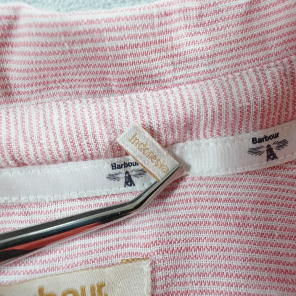 Barbour Linen Button Up Shirt Womens 6 Pink Collared Roll Tab Striped Casual - Picture 10 of 16